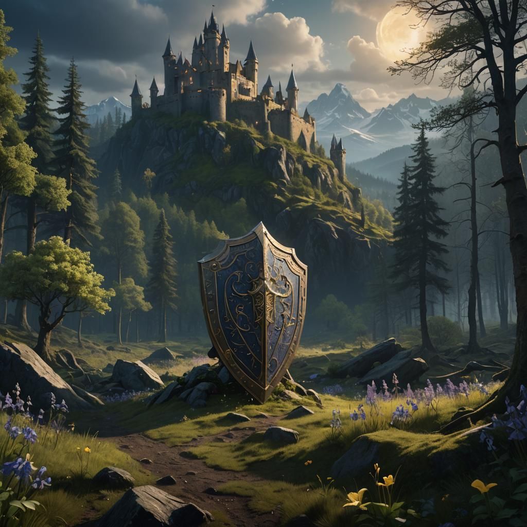 Forest Clearing Shield and Distant Mountain Fortress