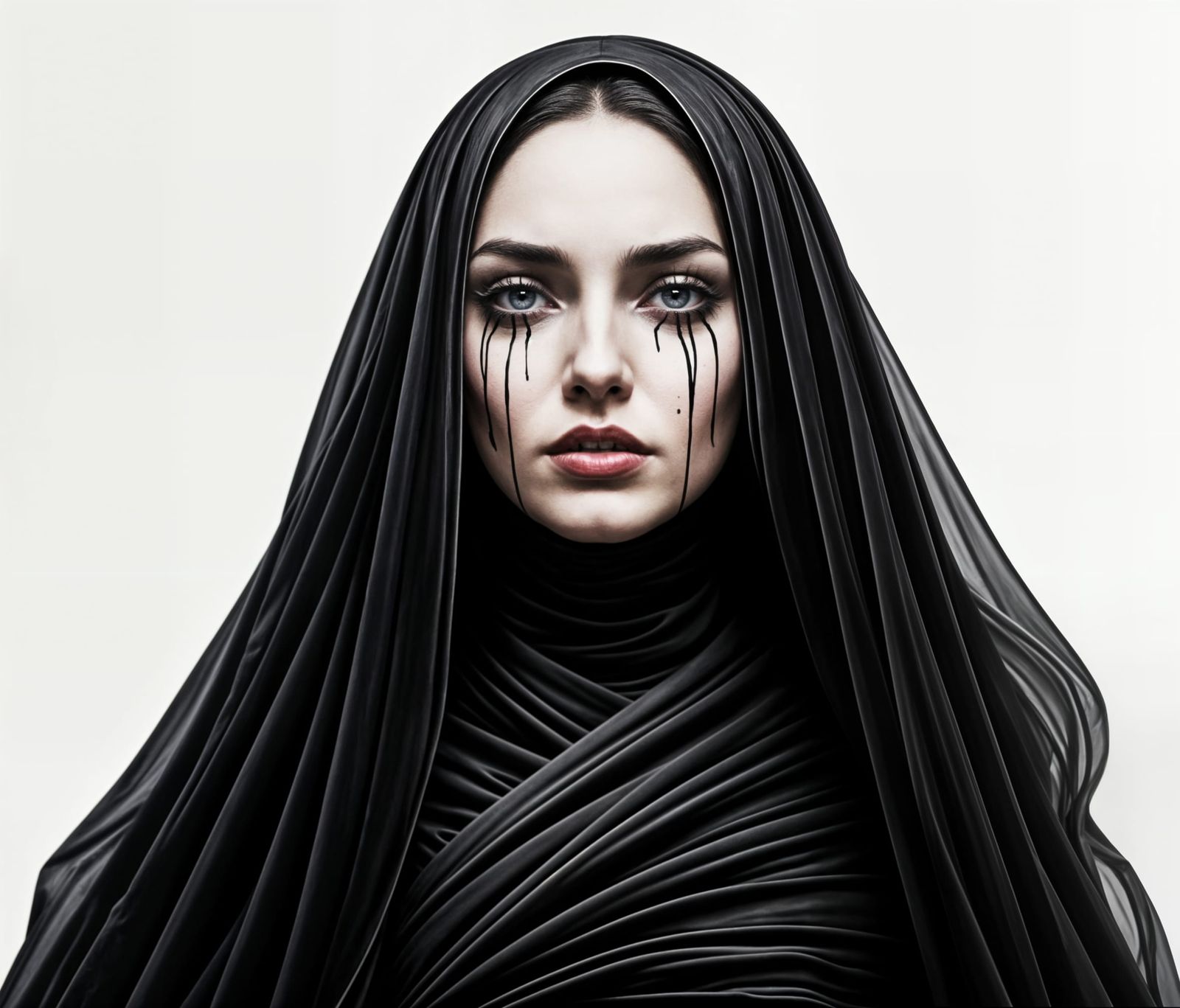 Dramatic Black Ink Portrait of Crying Woman