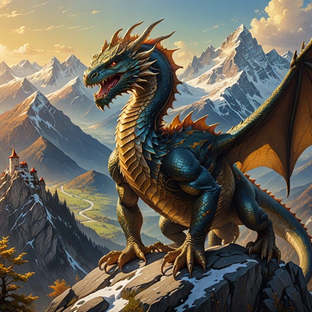 Dragon-like Creature Climbs Mountain: Vibrant Oil Painting