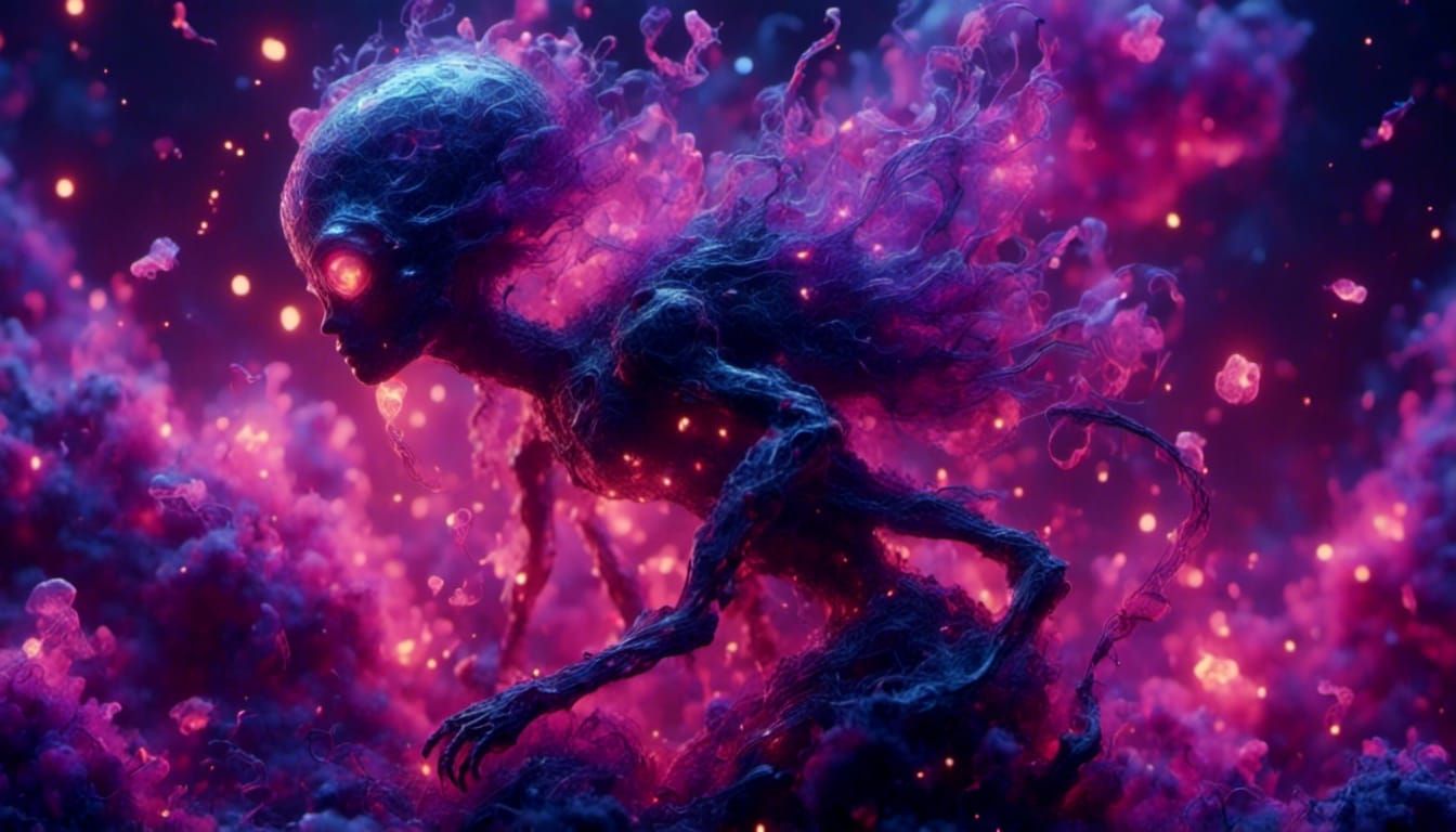 Glowing Alien in Purple Neon Smoke Aura