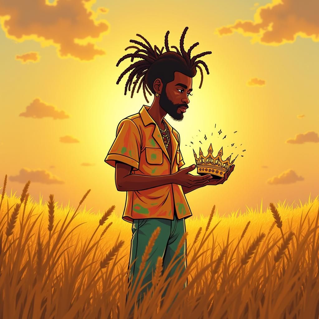Cartoon Pop Star with Crown in Golden Field