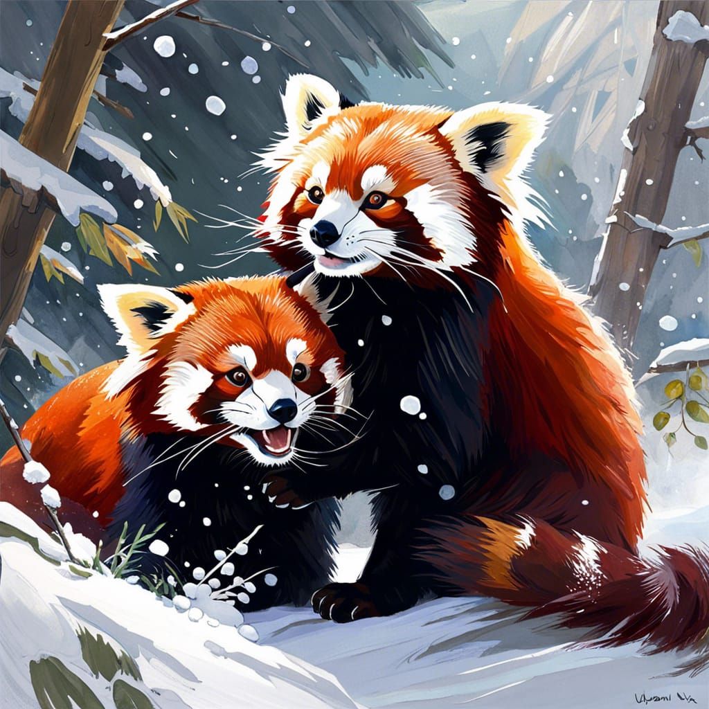 Red Pandas Playing in Snow: Gouache Watercolour Painting