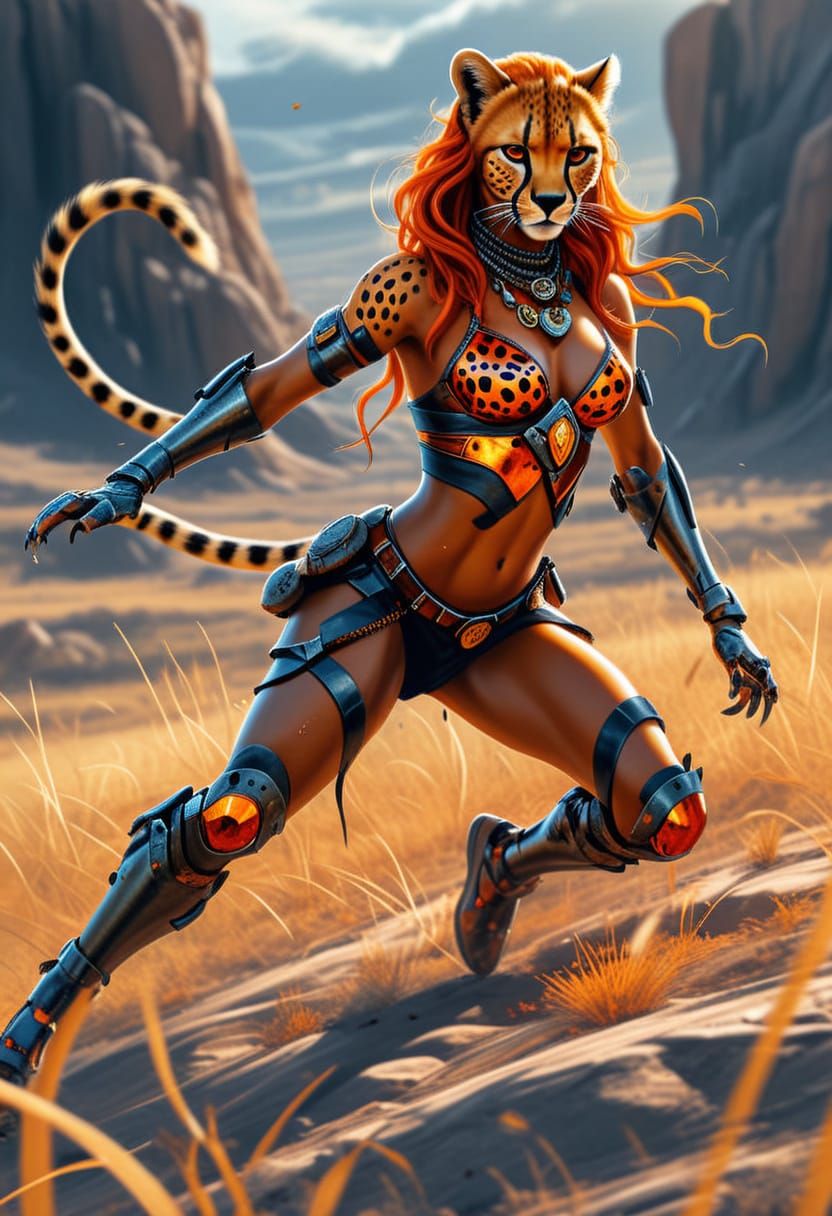 Cheetah Running in Savanna Golden Hour Digital Painting