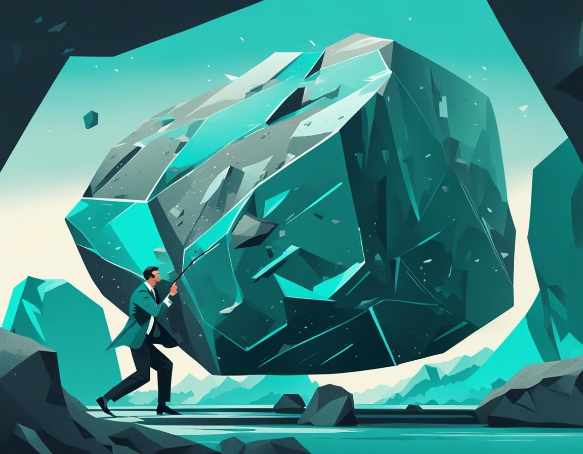 Muscular Manager Moves Boulder in Futuristic Setting
