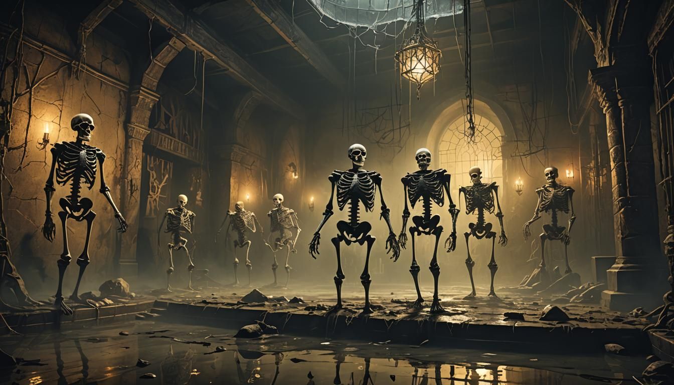 Ominous Gothic Horror Basement with Skeletons