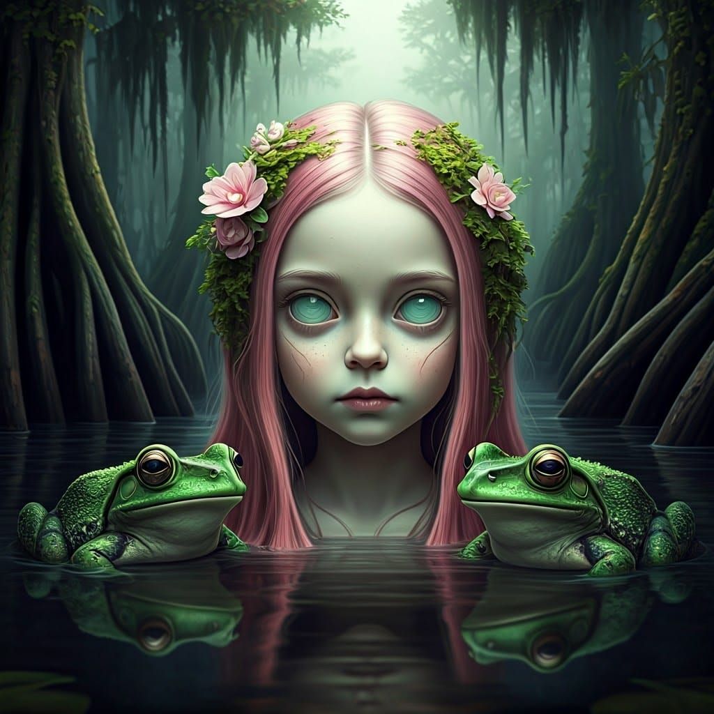 Surreal Swamp Girl with Frogs in Dreamlike Landscape