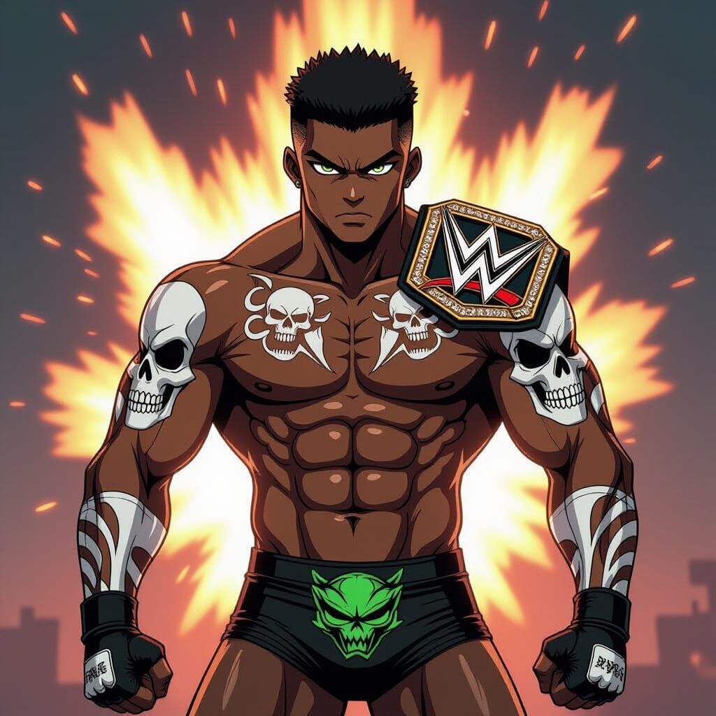Anime Wrestler with Skeleton Tattoos and Championship Belt