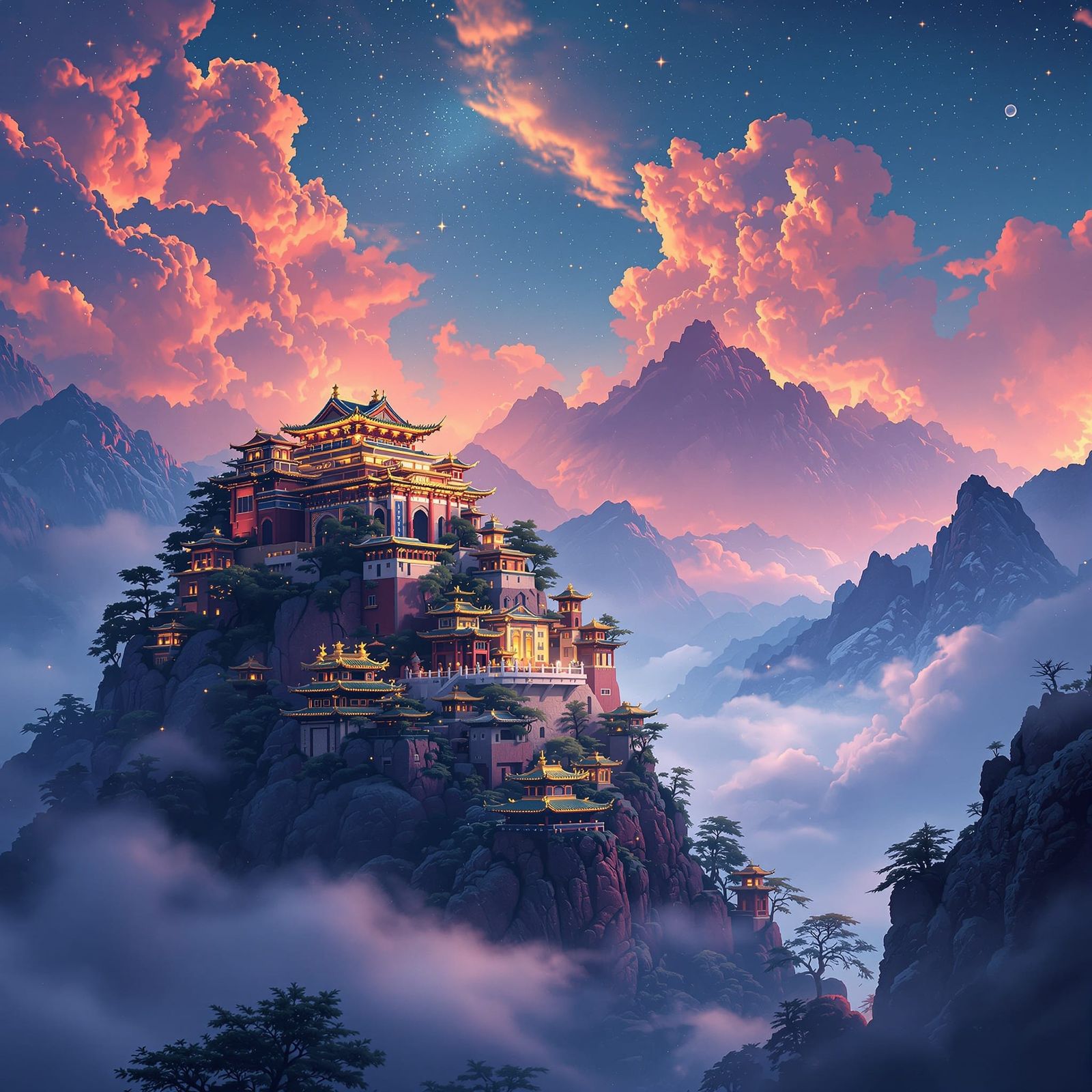 Chinese Palace on Mountain in Glittering Palette