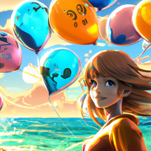 Colorful Anime Balloons on a Beautiful Beach