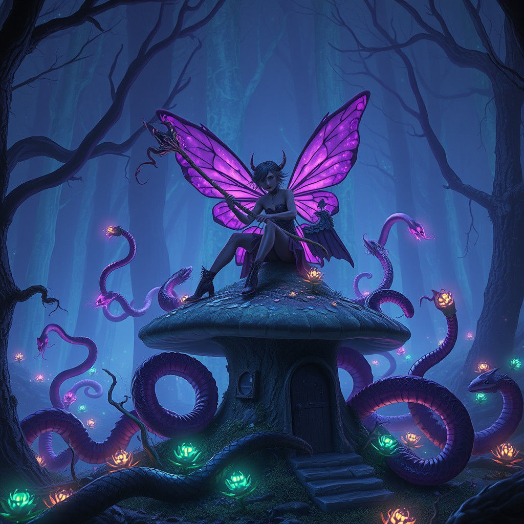 Gothic Fairy in Bioluminescent Cyberpunk Forest