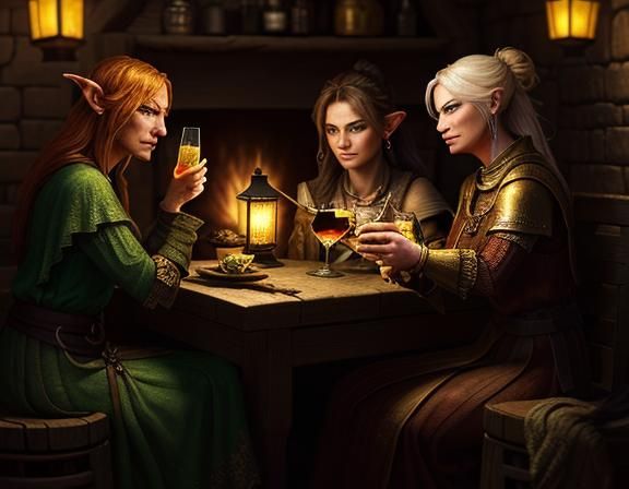 Goblins Enjoying Cocktails in Rustic Tavern, Digital Art