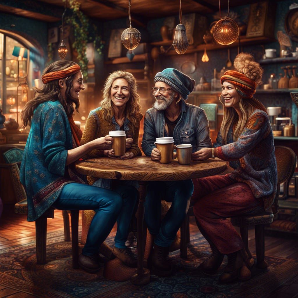 Middle-Age Friends Celebrate Friendship in Coffee Shop