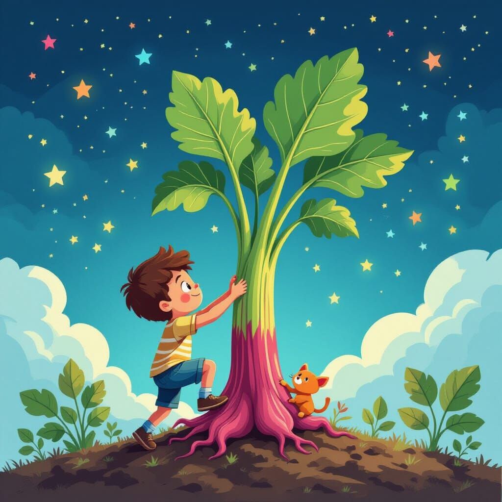 Boy Climbing a Blue Rhubarb in Starry Sky