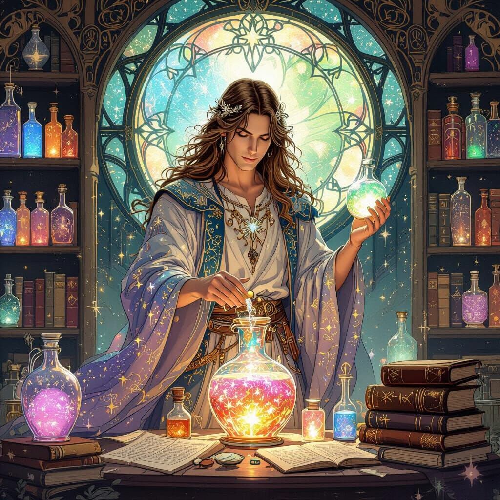 Cosmic Alchemist Mixes Stardust Potions in Ethereal Library
