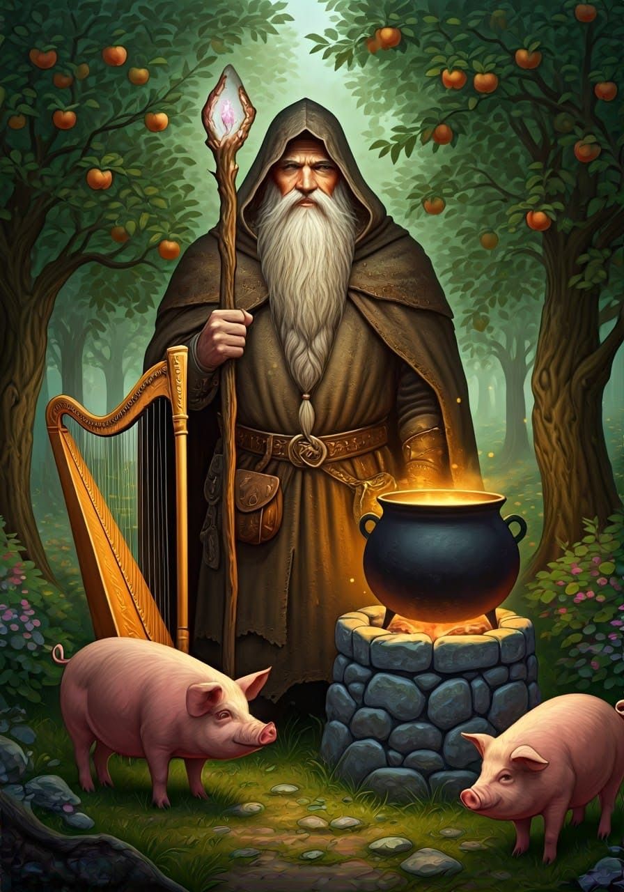 The Dagda with his cloak, staff, cauldron, harp and pigs.