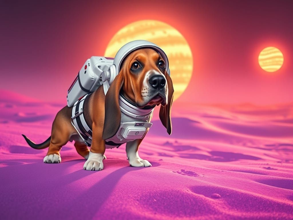 Surreal Basset Hound Astronaut Explores Twin Sun Planet