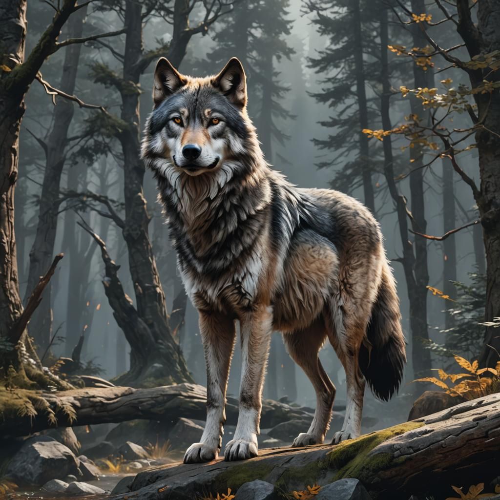 Detailed Matte Painting of a Handsome Grey Wolf