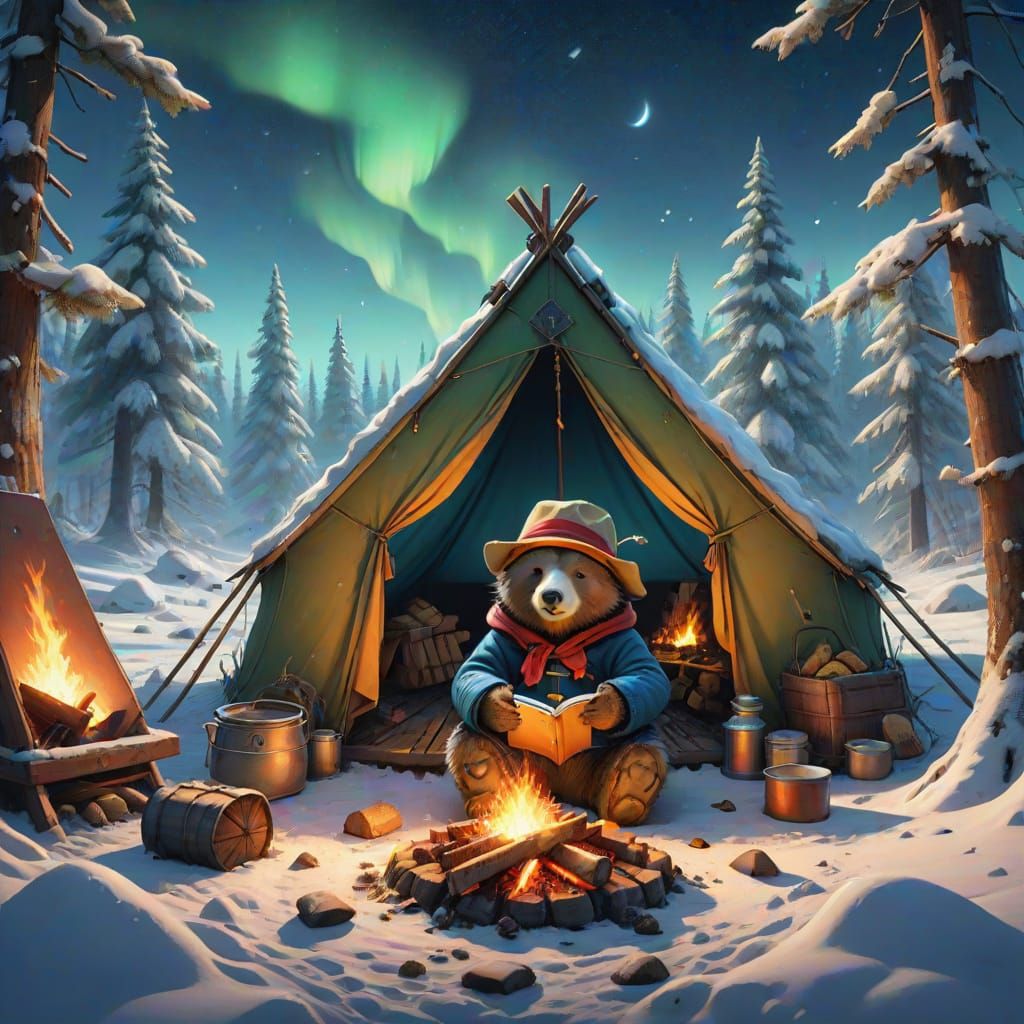 Whimsical Paddington Bear Campfire Scene in the Snow
