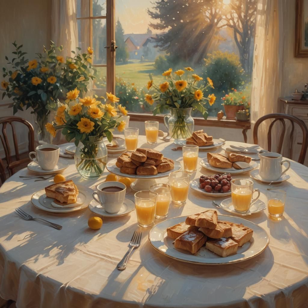 Impressionistic Family Breakfast in Gentle Morning Light