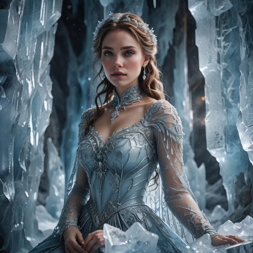 Icy Cavern: Woman Frozen in Ice Cube