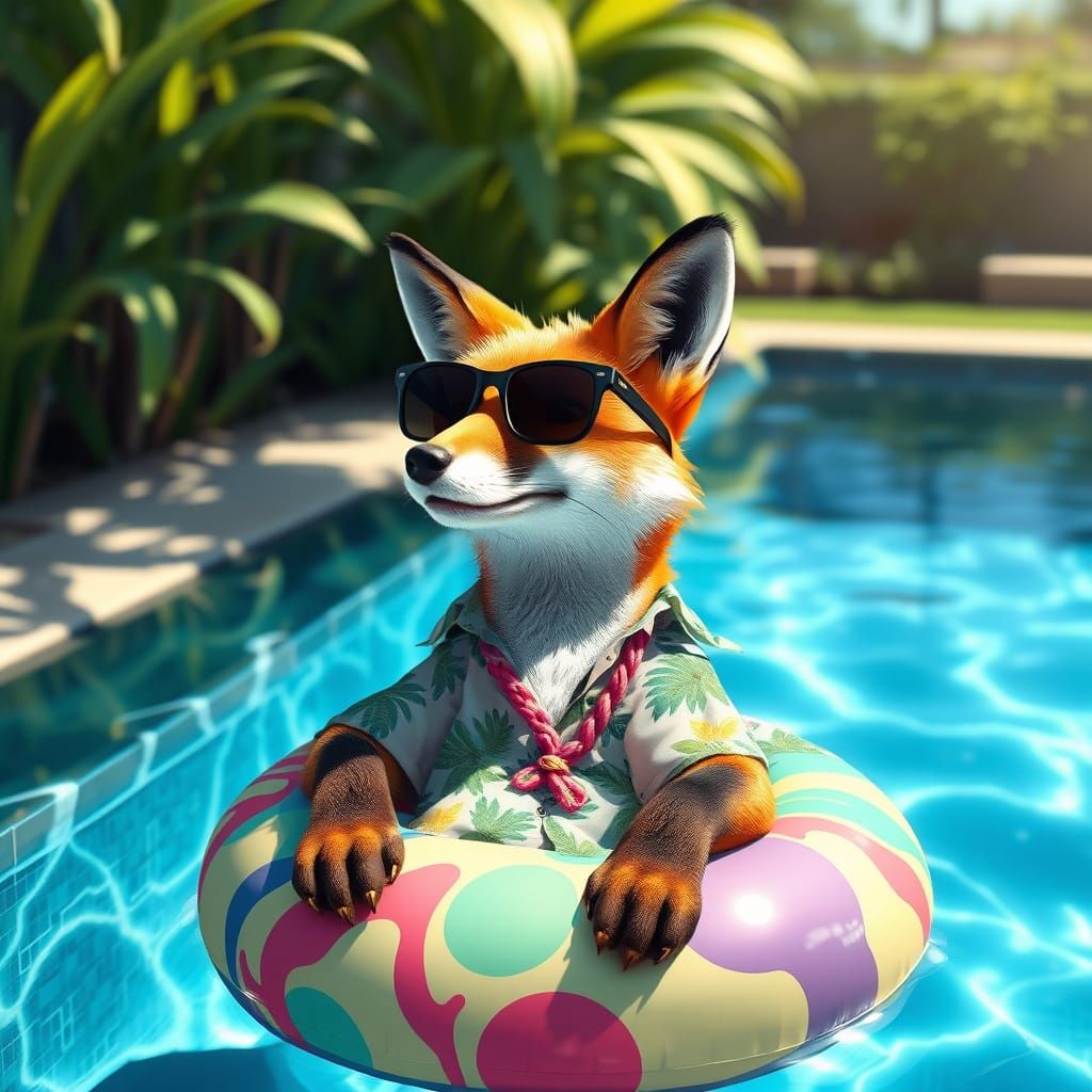 Fox in Sunglasses Relaxing in Swimming Pool