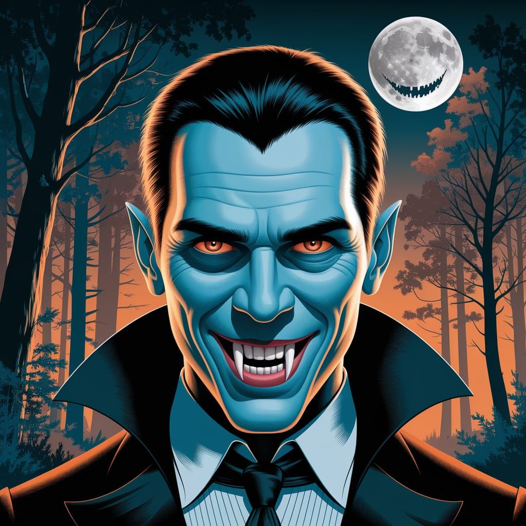 Modern Vampire Portrait in Haunting Forest Under Full Moon