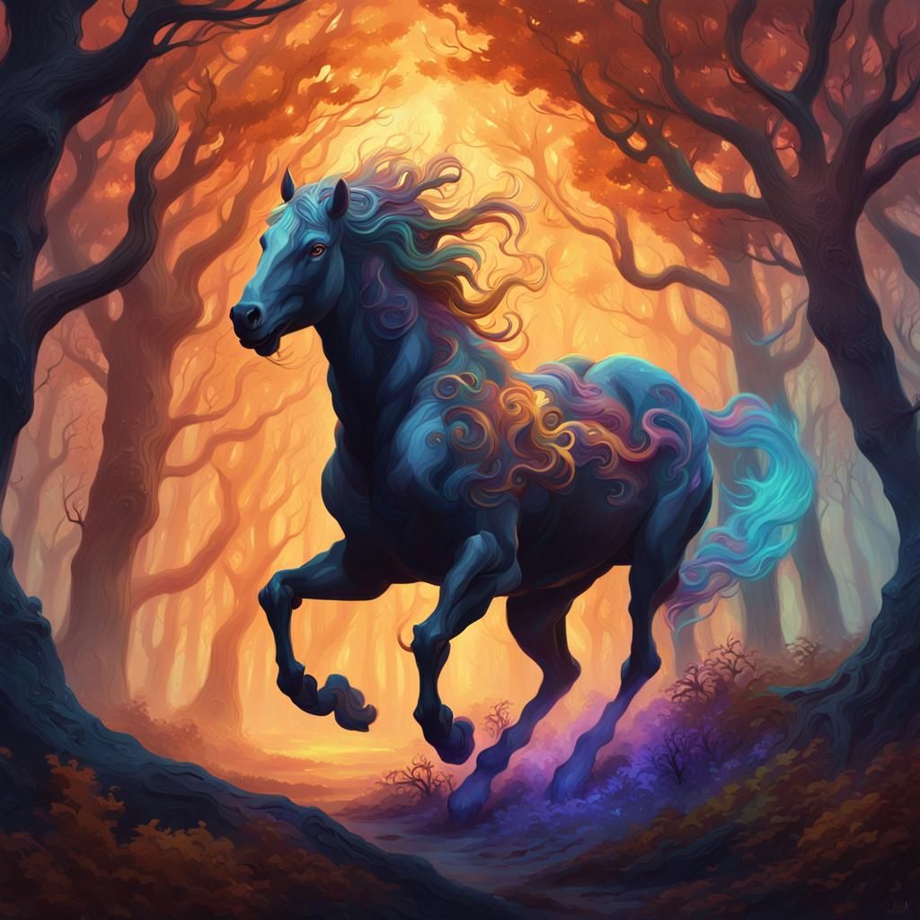 Centaur Galloping in Dark Forest Oil Painting
