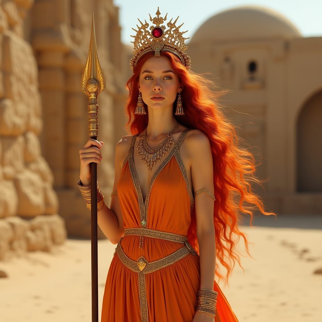 Regal Desert Goddess in Opulent Headdress and Golden Armor