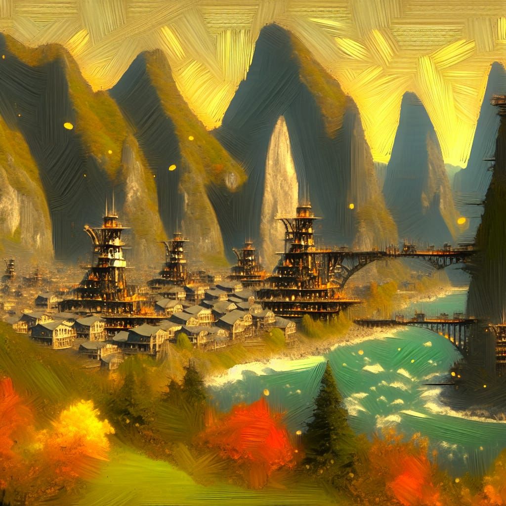 Steampunk Rivendell in Autumnal Golden Hour
