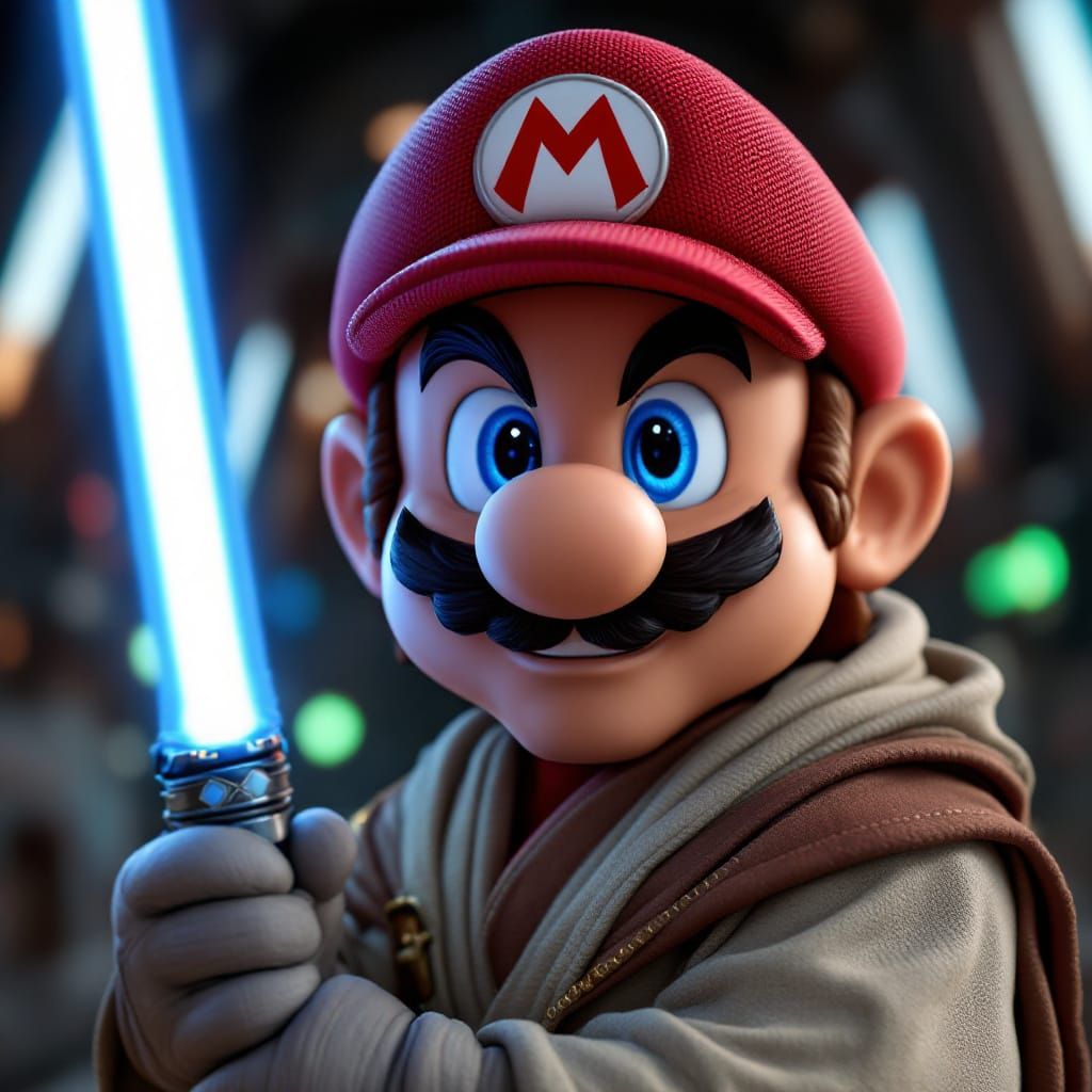 Hyperrealistic Mario as Jedi Knight in 3D