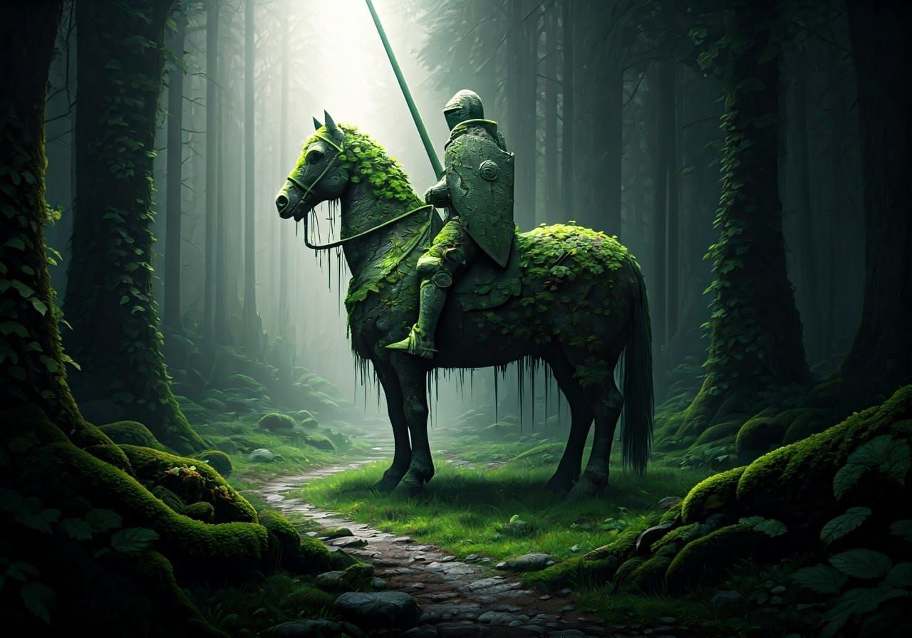 Stone Knight Defends Forest Path in Dark Fantasy Art