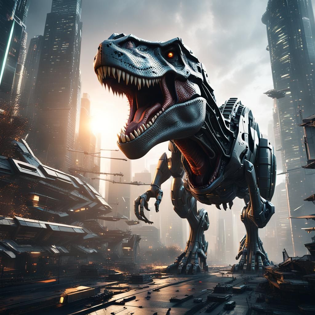 T-Rex Roaring in Futuristic City with Mech Details