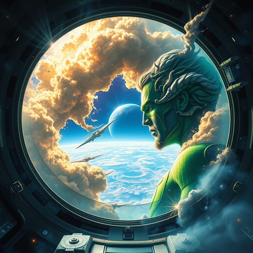 Cosmic Green Lantern from Spaceship Viewport in Epic Style