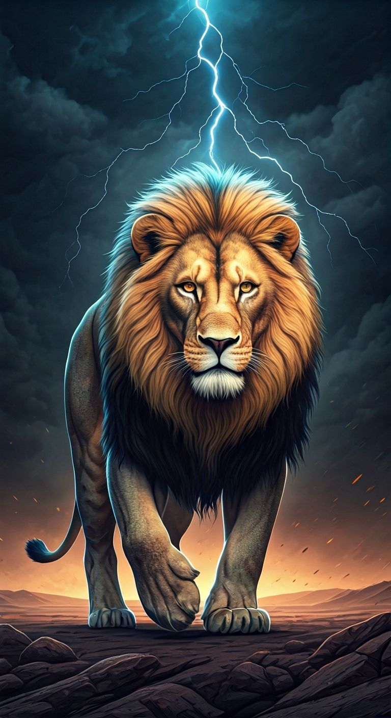 Majestic Lion in Stormy Landscape with Lightning