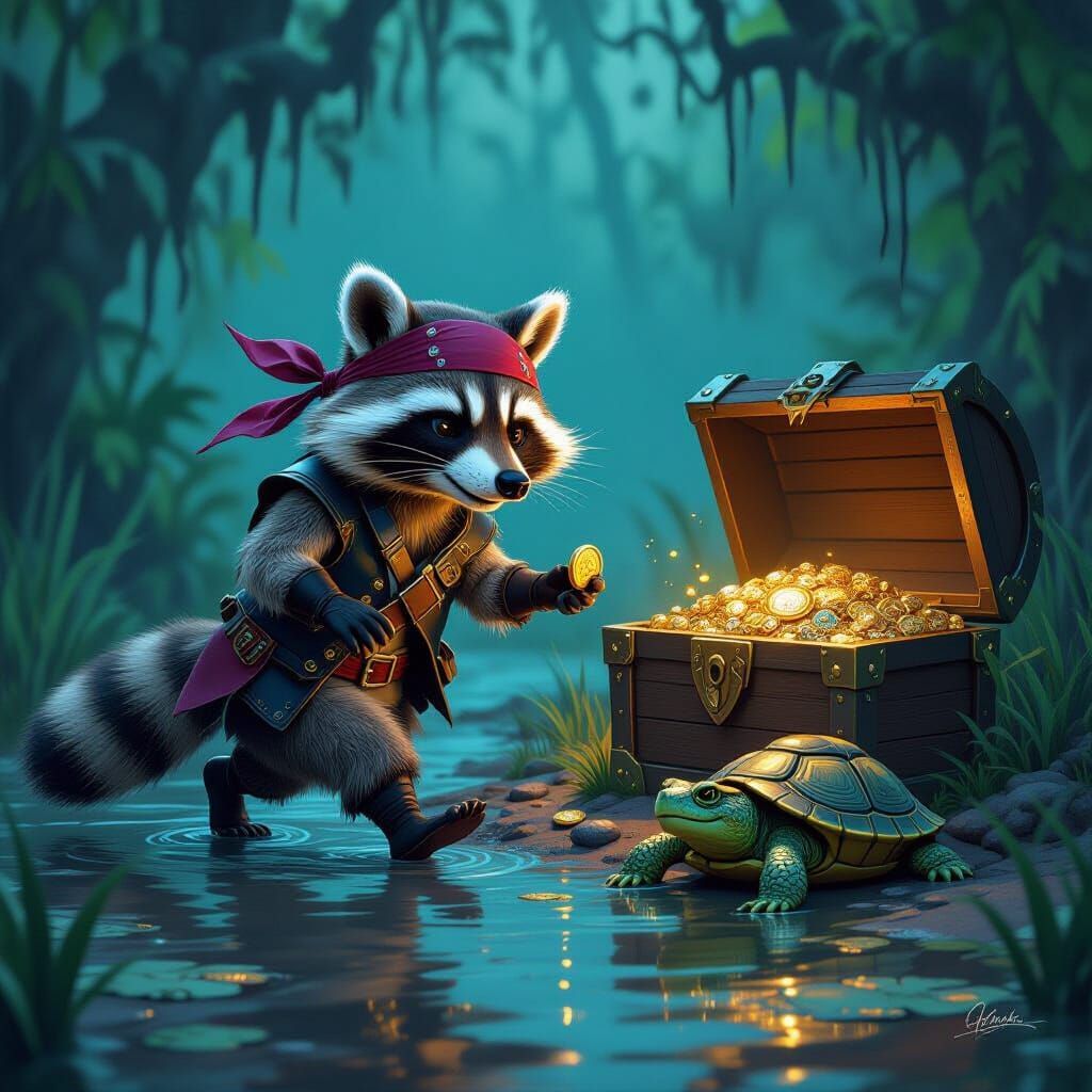 Sneaky Pirate Raccoon Steals Gold in Dark Fantasy Art