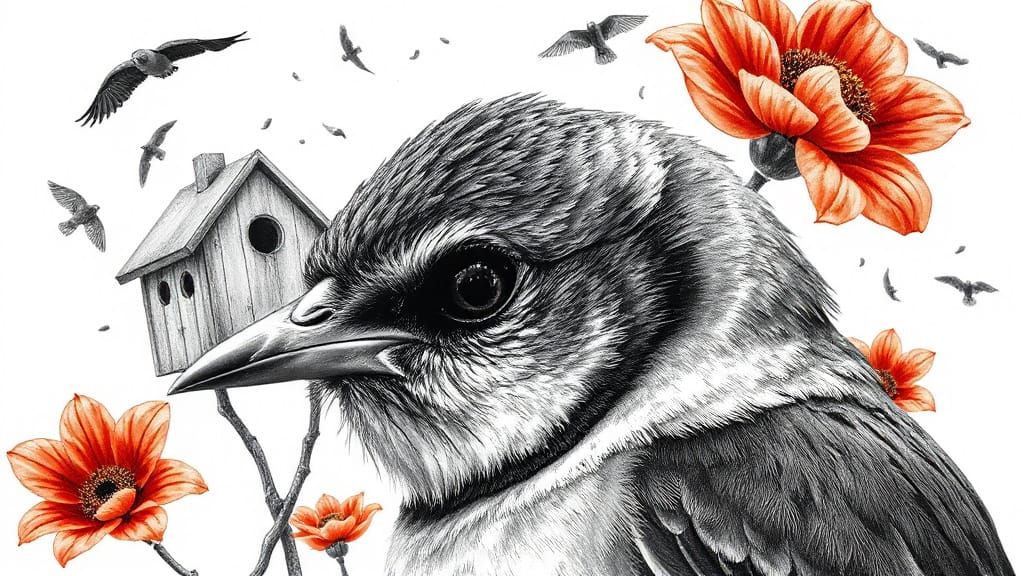 Monochrome Bird Drawing with Sepia Birdhouses