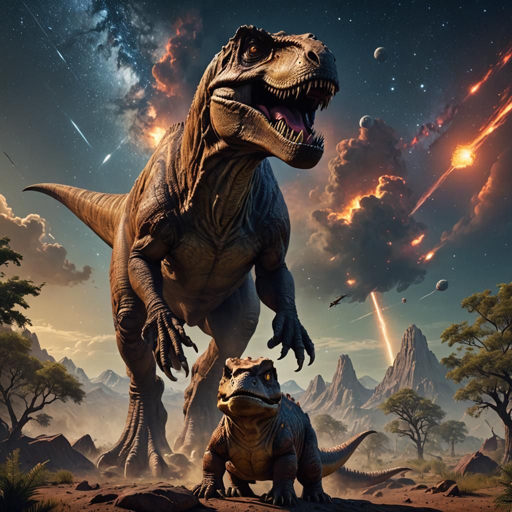Mother and baby T Rex looking to a astroid in the sky
