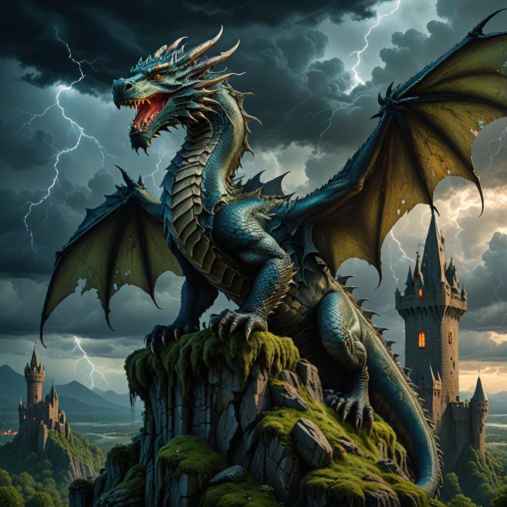 Majestic Dragon on Castle Tower in Stormy Epic Fantasy Art