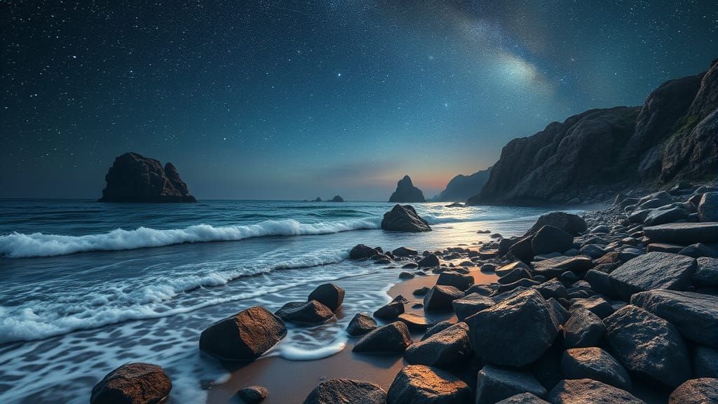 Glowing Nighttime Beach Panorama with Shooting Star