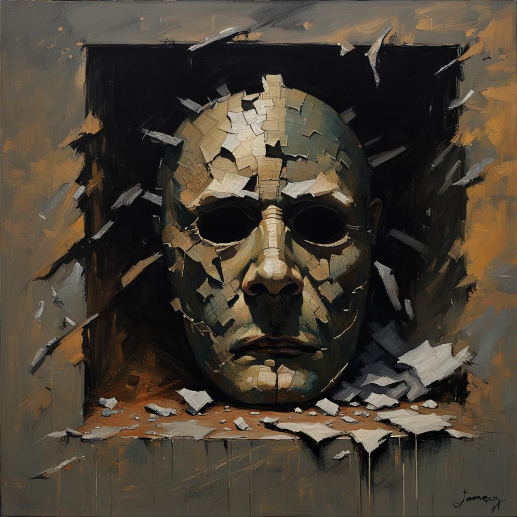 Broken Mask in Black Void: Oil Painting