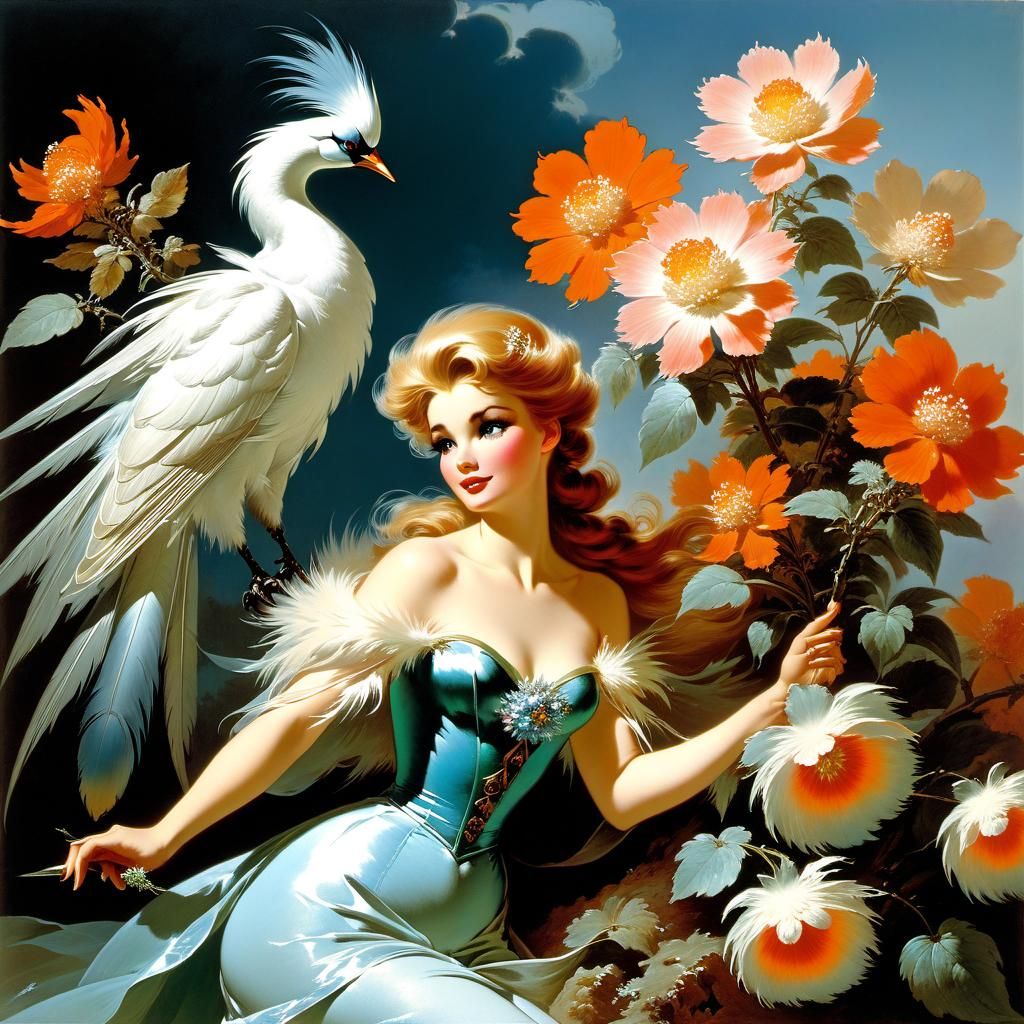 Frozen Flowers with Feathered Foliage in Romantic Style