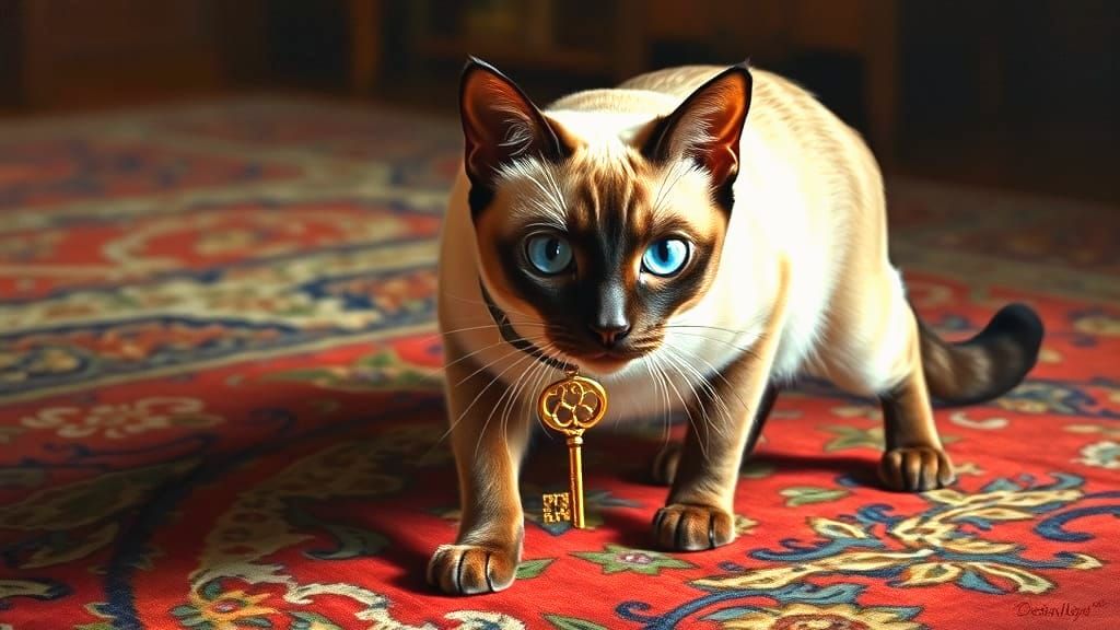 Siamese Cat with Gold Key Pendant Oil Painting