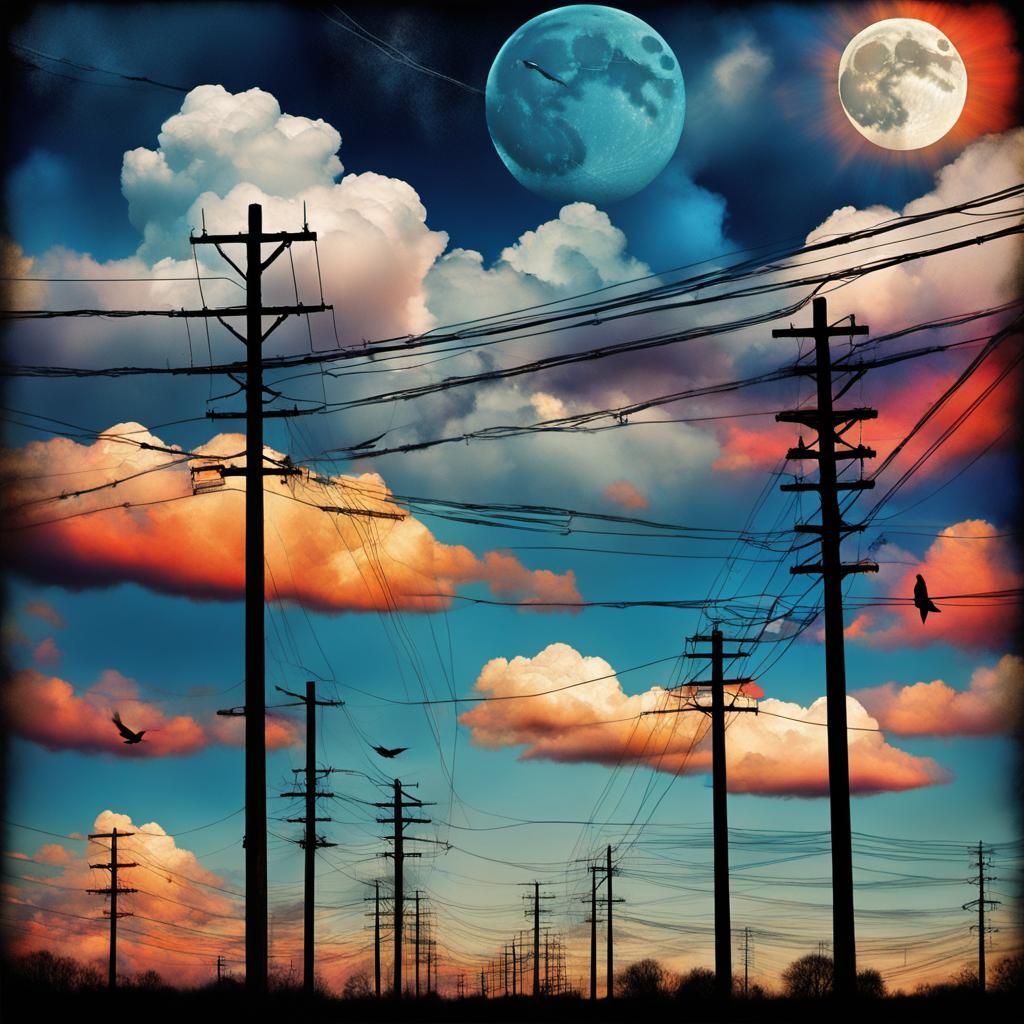 Fractured Sky Digital Collage with Power Lines