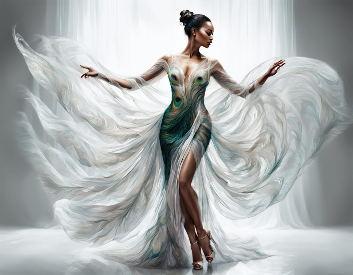 Abstract Realist Painting of Goddess in Peacock Feather Fabr...