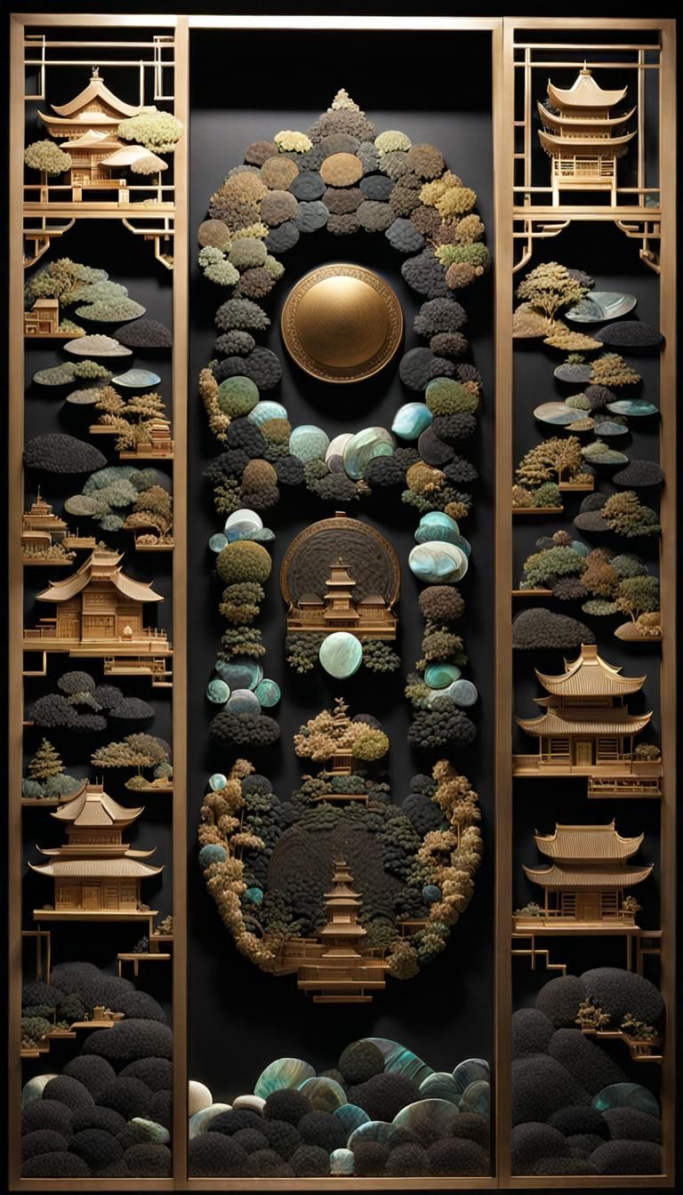 Obsidian and Abalone Figures in Asian Panels