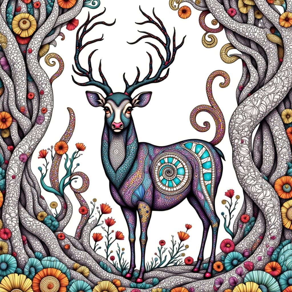 Serenely Standing Zentangle Deer in a Whimsical Forest