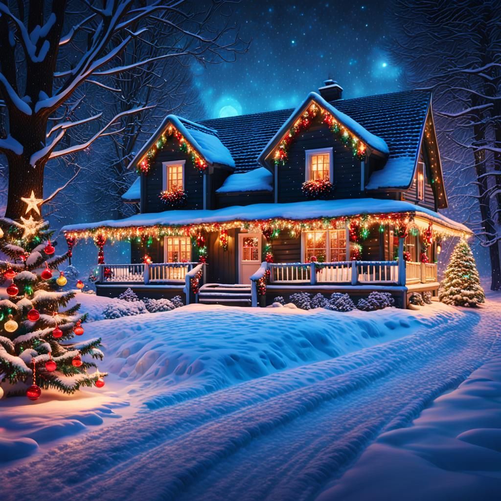 Festive Farmhouse Aglow with Christmas Lights