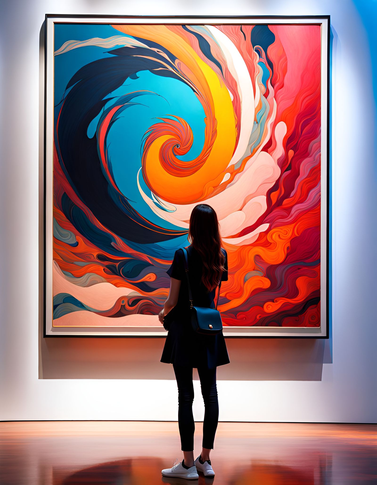 Museum Visitor Appreciates Abstract Painting in Mixed Media