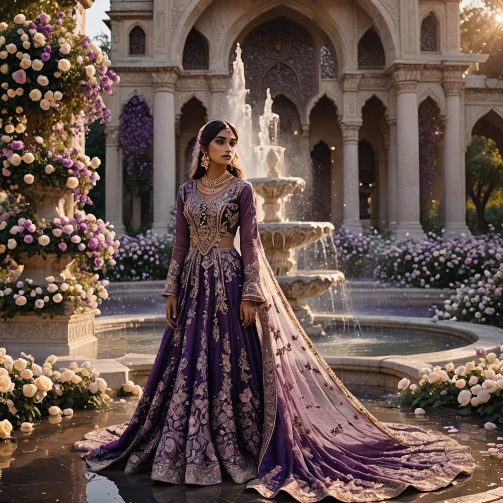 Pakistani Bride in Purple Dress Near Rose Fountain