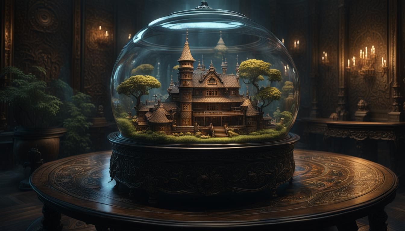 Dark Fantasy World in Transparent Pot: Photorealistic Render...
